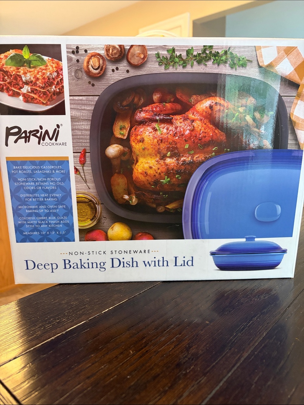 Parini Blue Deep Baking Dish with Lid - Non-Stick Stoneware